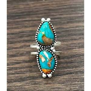 Southwestern‎ Gemstone Adjustable Ring with Brass Dual Band, Statement Cuff Ring